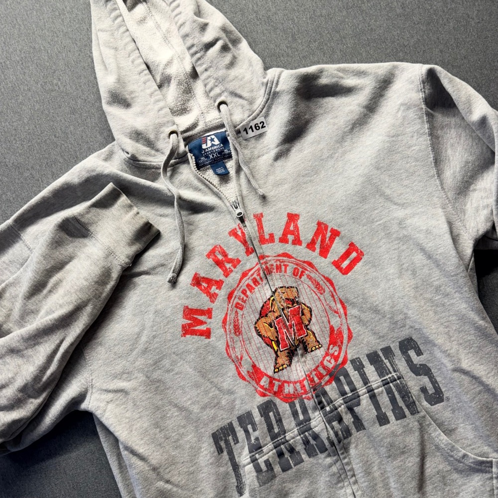 J America Maryland Terrapins Full Zip Hoodie Mens XXL Gray Distressed Graphic